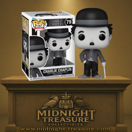 Funko Pop! Icons – Charlie Chaplin – N°79 – 9 cm – Funko. Charlie Chaplin en noir et blanc, avec chapeau melon, moustache et canne. Une Pop! vintage idéale pour les passionnés de cinéma classique.