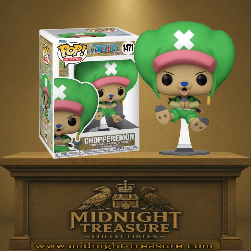 Funko Pop! One Piece – Chopperemon – N°1471. Figurine de Chopper déguisé en samouraï avec tenue verte et socle transparent. Une Pop! dynamique et adorable, parfaite pour les fans de l’arc Wano.

