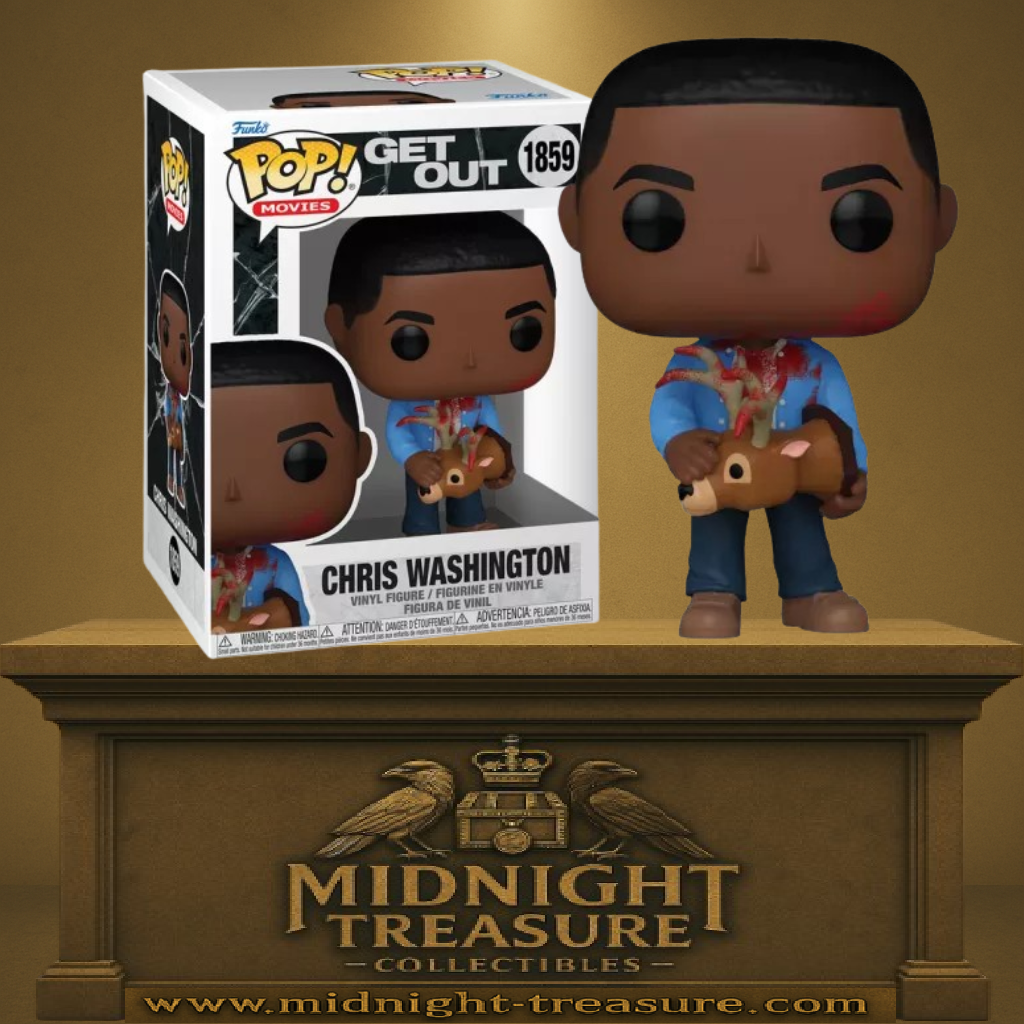 Funko Pop! Get Out – Chris Washington (N°1859). Figurine représentant Chris avec une chemise ensanglantée tenant une tête de cerf, scène culte du film d’horreur. Une pièce incontournable pour les fans de Jordan Peele.