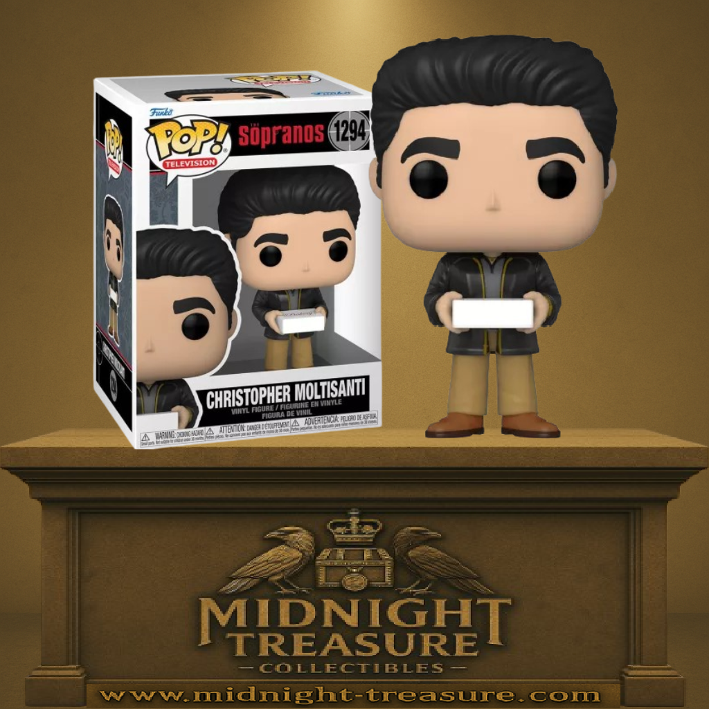 Funko Pop! Les Soprano – Christopher Moltisanti (N°1294). Christopher avec une boîte blanche, vêtu d’une veste noire et pantalon beige. Un incontournable pour les fans de la série HBO.