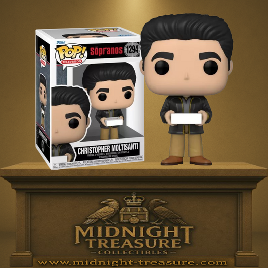 Funko Pop! Les Soprano – Christopher Moltisanti (N°1294). Christopher avec une boîte blanche, vêtu d’une veste noire et pantalon beige. Un incontournable pour les fans de la série HBO.