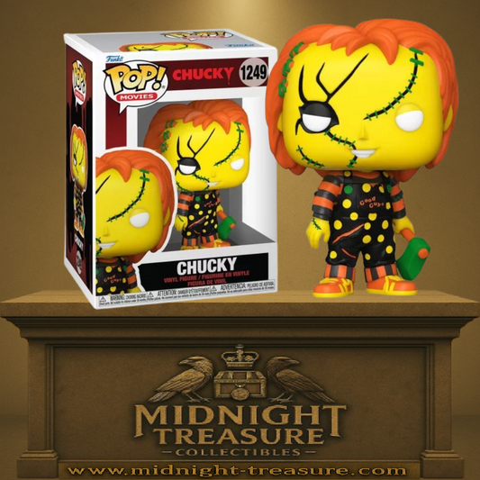 Funko Pop! Child’s Play (Jeu d’Enfant) – Chucky Black Light (N°1249). Figurine représentant Chucky en version fluorescente, avec coutures vertes et tenue à pois. Une revisite colorée et effrayante du célèbre tueur en poupée.