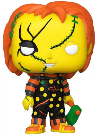 Funko Pop! Child’s Play (Jeu d’Enfant) – Chucky Black Light (N°1249). Figurine représentant Chucky en version fluorescente, avec coutures vertes et tenue à pois. Une revisite colorée et effrayante du célèbre tueur en poupée.