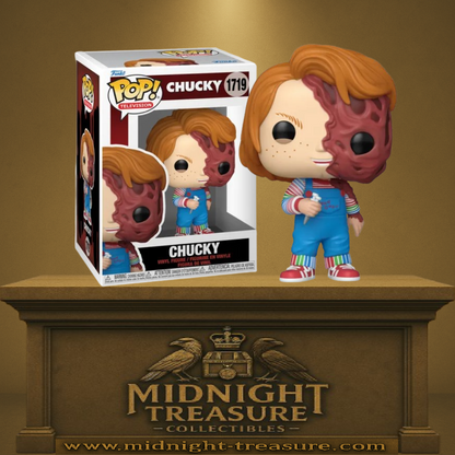 Funko Pop! Chucky – Chucky (Visage Défiguré) (N°1719). Figurine représentant la poupée tueuse avec moitié du visage arrachée et couteau en main. Une pièce horrifique et culte pour les fans de Chucky et d’horreur.