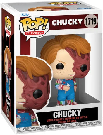 Funko Pop! Chucky – Chucky (Visage Défiguré) (N°1719). Figurine représentant la poupée tueuse avec moitié du visage arrachée et couteau en main. Une pièce horrifique et culte pour les fans de Chucky et d’horreur.