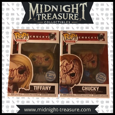 "Funko Pop! Chucky – Chucky (1694) & Tiffany (1695). Les célèbres poupées possédées avec leurs cicatrices emblématiques et un design effrayant. Un duo incontournable pour les fans de films d'horreur et de la saga Chucky !"

