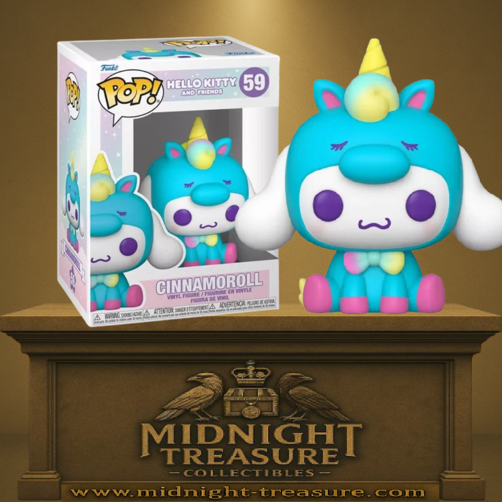 Funko Pop! Hello Kitty and Friends – Cinnamoroll Licorne (N°59). Figurine représentant Cinnamoroll dans un costume de licorne turquoise avec corne dorée et nœud pastel. Une Pop! kawaii et féérique pour les fans de Sanrio.