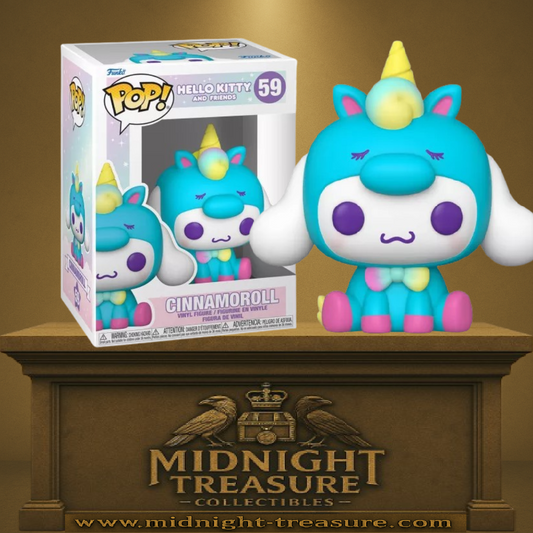 Funko Pop! Hello Kitty and Friends – Cinnamoroll Licorne (N°59). Figurine représentant Cinnamoroll dans un costume de licorne turquoise avec corne dorée et nœud pastel. Une Pop! kawaii et féérique pour les fans de Sanrio.