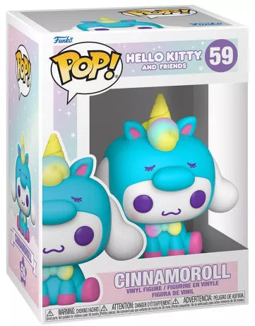 Funko Pop! Hello Kitty and Friends – Cinnamoroll Licorne (N°59). Figurine représentant Cinnamoroll dans un costume de licorne turquoise avec corne dorée et nœud pastel. Une Pop! kawaii et féérique pour les fans de Sanrio.