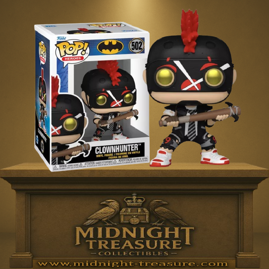 Funko Pop! DC Comics – Clownhunter (N°502). Figurine stylisée avec casque noir, crête rouge, batte cloutée et look punk. Parfaite pour les fans de Gotham et de justiciers sombres.