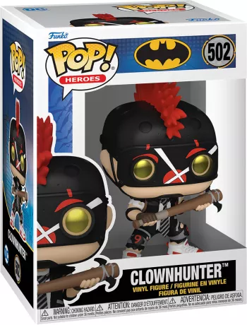Funko Pop! DC Comics – Clownhunter (N°502). Figurine stylisée avec casque noir, crête rouge, batte cloutée et look punk. Parfaite pour les fans de Gotham et de justiciers sombres.