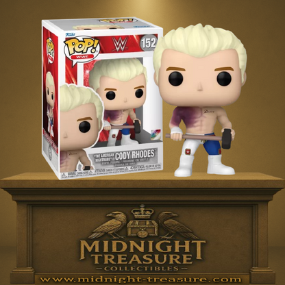 Funko Pop! WWE – Cody Rhodes “The American Nightmare” (N°152). Figurine détaillée de Cody Rhodes torse nu, blessure réaliste et marteau à la main.