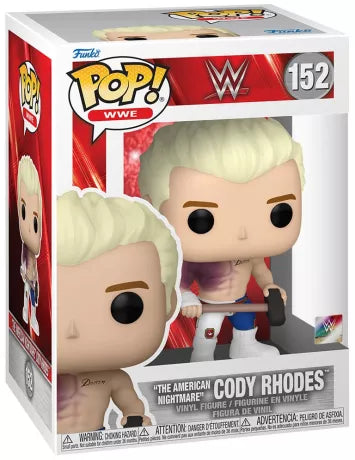 Funko Pop! WWE – Cody Rhodes “The American Nightmare” (N°152). Figurine détaillée de Cody Rhodes torse nu, blessure réaliste et marteau à la main.