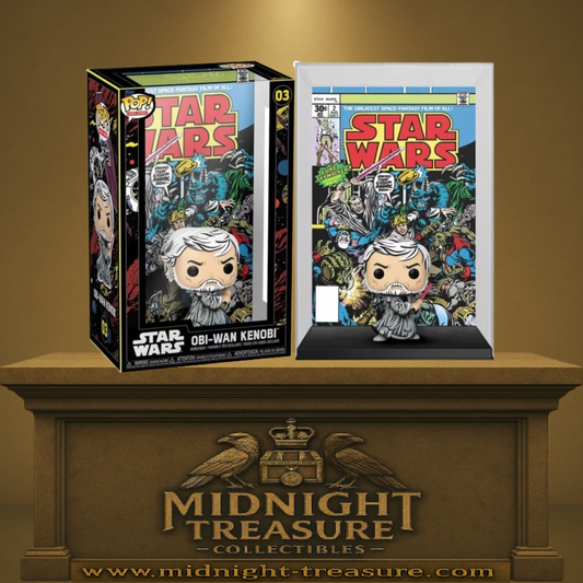 Funko Pop! Comic Cover N°03 â Obi-Wan Kenobi â Star Wars Retro Series. Figurine rĂ©tro avec sabre laser, devant une reproduction fidĂšle du comic Star Wars #2 (1977). PiĂšce unique pour fans et collectionneurs.