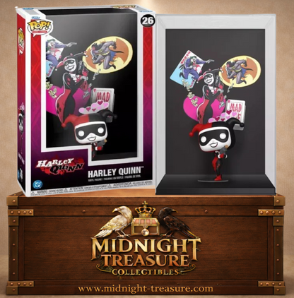 Funko Pop! Comic Covers N°26 Harley Quinn devant l’illustration de The Batman Adventures Mad Love, en costume classique rouge et noir.