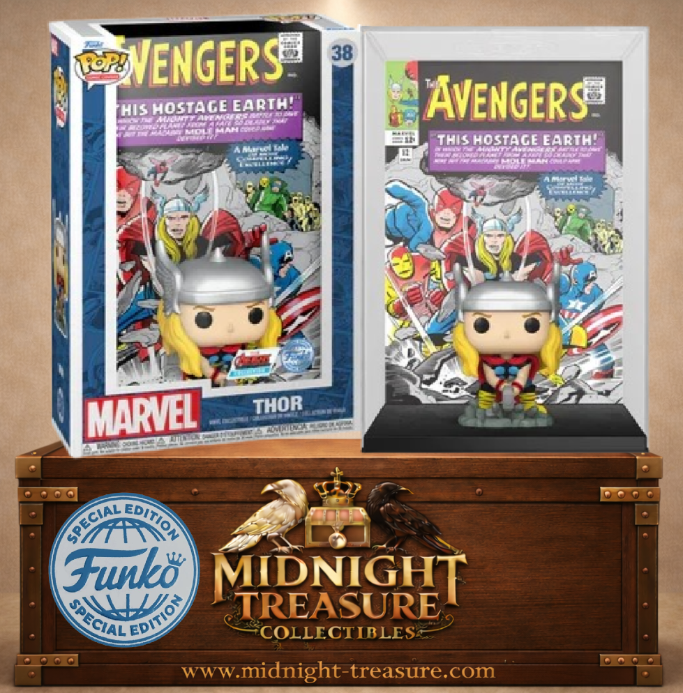 Funko Pop! Comic Covers N°38 Thor devant la couverture de The Avengers #12 This Hostage Earth avec Mjolnir et costume Marvel classique.