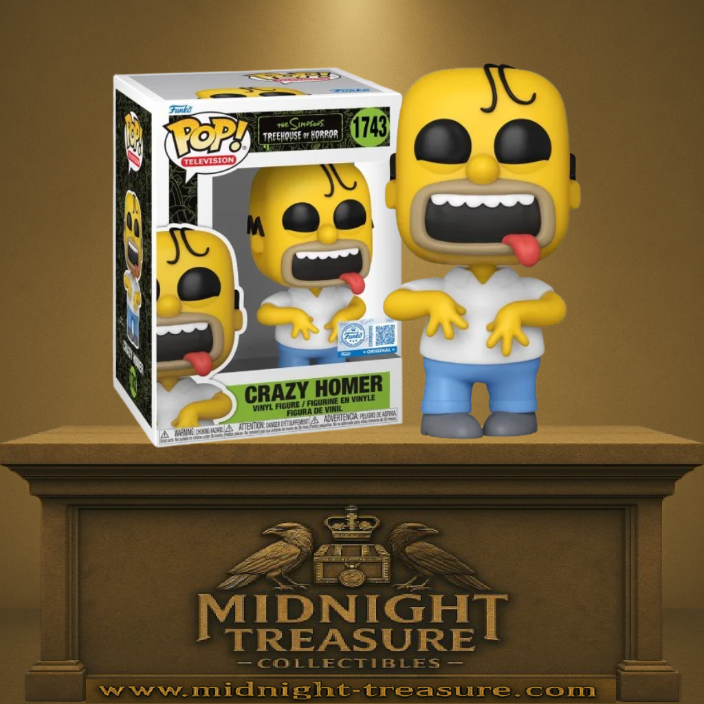 Funko Pop! The Simpsons – Crazy Homer (N°1743). Figurine de Homer Simpson version Treehouse of Horror, avec yeux noirs, bouche ouverte et langue pendante. Une pièce délirante et incontournable pour les fans des Simpson.