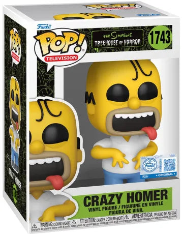 Funko Pop! The Simpsons – Crazy Homer (N°1743). Figurine de Homer Simpson version Treehouse of Horror, avec yeux noirs, bouche ouverte et langue pendante. Une pièce délirante et incontournable pour les fans des Simpson.