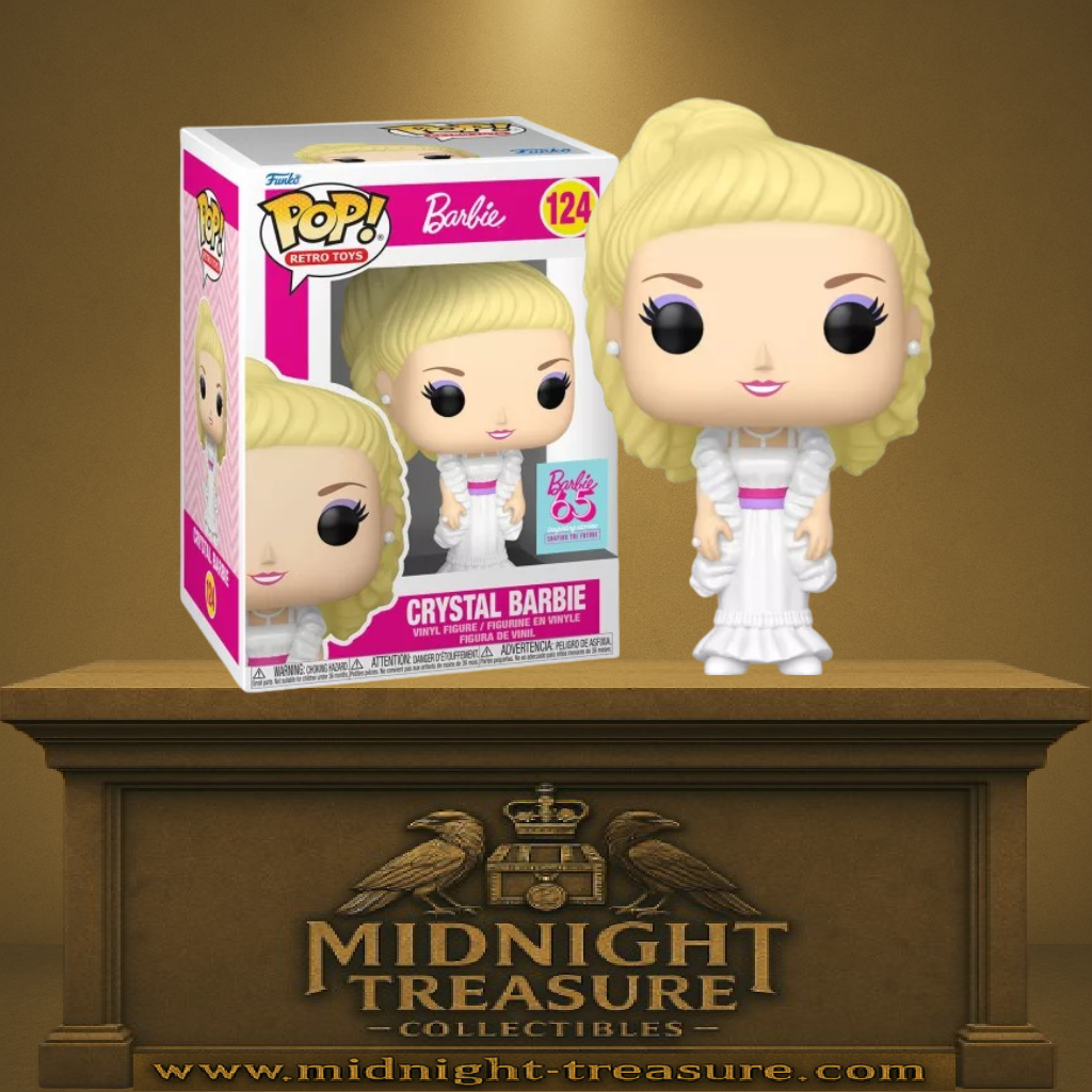 Funko Pop! Barbie Retro Toys – Crystal Barbie (N°124). Figurine de Barbie en robe blanche élégante avec ceinture rose, maquillage violet et longs cheveux blonds. Une pièce rétro et incontournable pour les fans de Barbie.