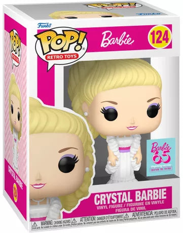 Funko Pop! Barbie Retro Toys – Crystal Barbie (N°124). Figurine de Barbie en robe blanche élégante avec ceinture rose, maquillage violet et longs cheveux blonds. Une pièce rétro et incontournable pour les fans de Barbie.