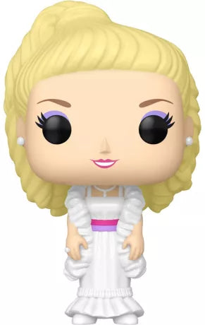 Funko Pop! Barbie Retro Toys – Crystal Barbie (N°124). Figurine de Barbie en robe blanche élégante avec ceinture rose, maquillage violet et longs cheveux blonds. Une pièce rétro et incontournable pour les fans de Barbie.