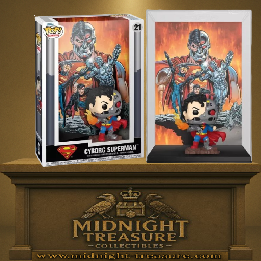 Funko Pop! Comic Cover DC Comics – Cyborg Superman – N°21. Figurine avec moitié du visage robotique, costume abîmé et flamme orange. Boîtier rigide avec fond du comics "Reign of the Supermen". Parfaite pour les fans de Superman.