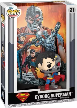 Funko Pop! Comic Cover DC Comics – Cyborg Superman – N°21. Figurine avec moitié du visage robotique, costume abîmé et flamme orange. Boîtier rigide avec fond du comics "Reign of the Supermen". Parfaite pour les fans de Superman.