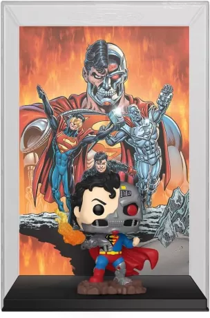 Funko Pop! Comic Cover DC Comics – Cyborg Superman – N°21. Figurine avec moitié du visage robotique, costume abîmé et flamme orange. Boîtier rigide avec fond du comics "Reign of the Supermen". Parfaite pour les fans de Superman.