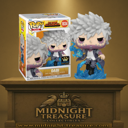 Funko Pop! My Hero Academia – Dabi (N°1834) – Specialty Series. Le vilain aux flammes bleues dans une pose d’attaque, cicatrices et manteau flottant. Une figurine intense pour les fans de MHA.