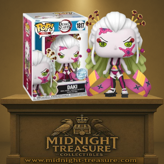 Funko Pop! Demon Slayer – Daki (N°1817). Démon aux cheveux blancs et rubans multicolores, avec motifs floraux sur le visage. Une figurine stylisée et puissante pour les fans de Demon Slayer.