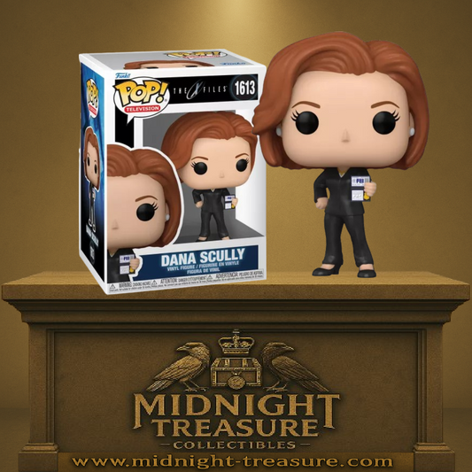 Funko Pop! X-Files Dana Scully #1613. Figurine représentant l'agent spécial Dana Scully en costume noir, tenant un badge du FBI, inspirée de la série culte X-Files."