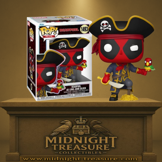 Funko Pop! Marvel – Deadpool en Long John Silver (N°1493). Figurine exclusive version pirate avec sabre, chapeau noir, perroquet coloré et pièces d’or. Une pièce fun et décalée pour les fans de Deadpool.