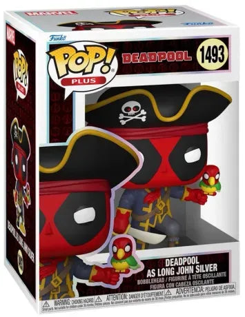 Funko Pop! Marvel – Deadpool en Long John Silver (N°1493). Figurine exclusive version pirate avec sabre, chapeau noir, perroquet coloré et pièces d’or. Une pièce fun et décalée pour les fans de Deadpool.