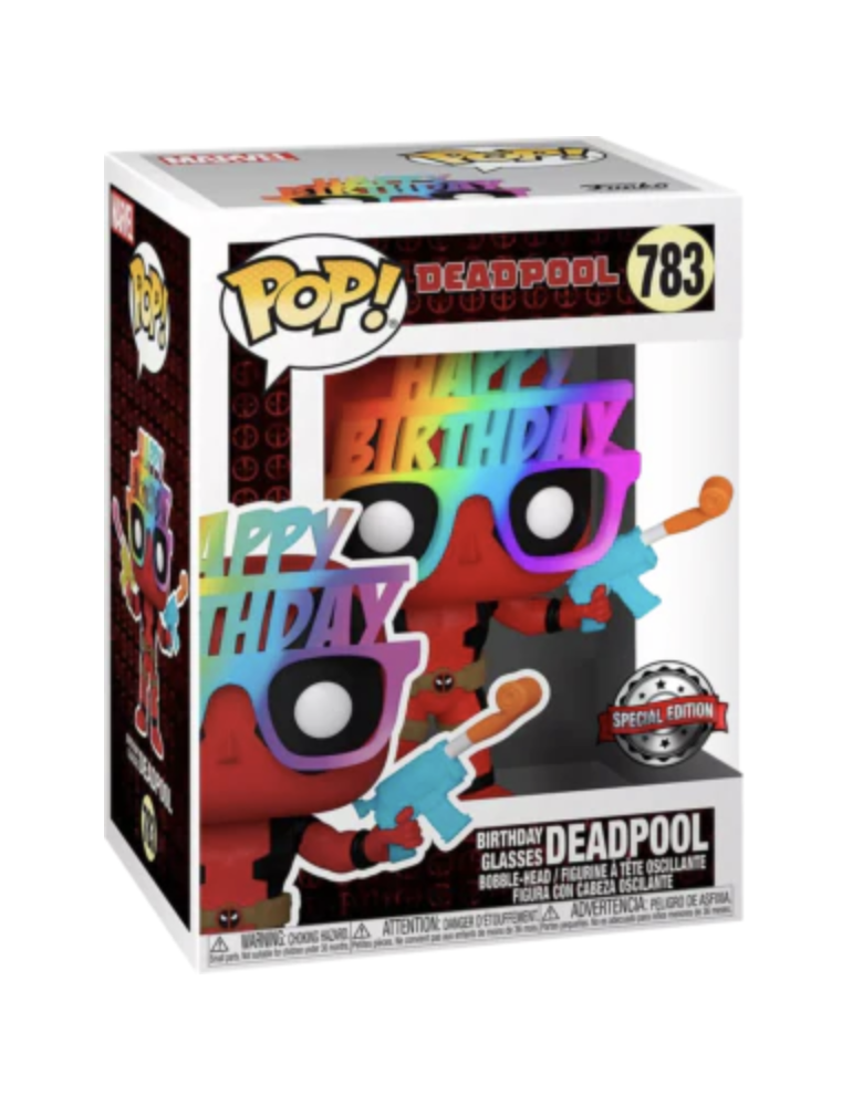 Funko Pop! Deadpool 783 - Birthday Glasses (Special Edition). Figurine exclusive de Deadpool avec lunettes de fête arc-en-ciel et pistolets à eau colorés. Design humoristique et festif, parfait pour collectionneurs et fans de Marvel