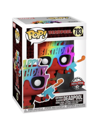 Funko Pop! Deadpool 783 - Birthday Glasses (Special Edition). Figurine exclusive de Deadpool avec lunettes de fête arc-en-ciel et pistolets à eau colorés. Design humoristique et festif, parfait pour collectionneurs et fans de Marvel