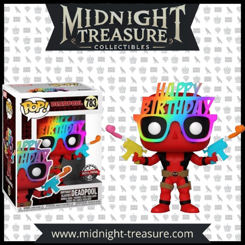 Funko Pop! Deadpool 783 - Birthday Glasses (Special Edition). Figurine exclusive de Deadpool avec lunettes de fête arc-en-ciel et pistolets à eau colorés. Design humoristique et festif, parfait pour collectionneurs et fans de Marvel