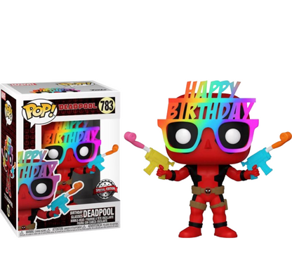 Funko Pop! Deadpool 783 - Birthday Glasses (Special Edition). Figurine exclusive de Deadpool avec lunettes de fête arc-en-ciel et pistolets à eau colorés. Design humoristique et festif, parfait pour collectionneurs et fans de Marvel