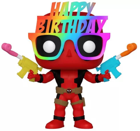 Funko Pop! Deadpool 783 - Birthday Glasses (Special Edition). Figurine exclusive de Deadpool avec lunettes de fête arc-en-ciel et pistolets à eau colorés. Design humoristique et festif, parfait pour collectionneurs et fans de Marvel