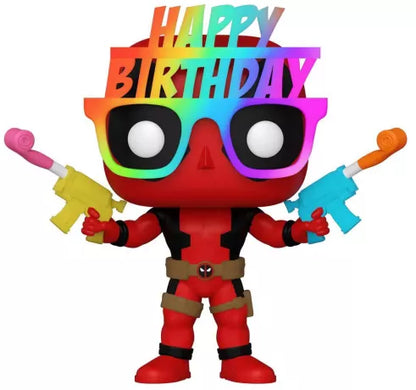 Funko Pop! Deadpool 783 - Birthday Glasses (Special Edition). Figurine exclusive de Deadpool avec lunettes de fête arc-en-ciel et pistolets à eau colorés. Design humoristique et festif, parfait pour collectionneurs et fans de Marvel