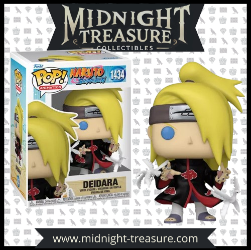 Funko Pop! Deidara (1434), vêtu de la cape de l’Akatsuki, cheveux blonds en queue de cheval, mains ouvertes révélant ses bouches et oiseaux d’argile en préparation. Inspiré de l’anime Naruto Shippuden.