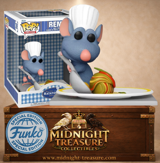 Funko Pop! Deluxe N°1209 Remy de Ratatouille Special Edition, avec toque de chef, grande cuillère et plat de légumes dressé sur une assiette.