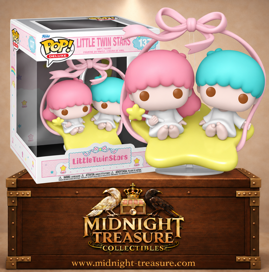 Funko Pop! Deluxe N°137 Little Twin Stars avec Kiki et Lala assis sur une étoile jaune sous un grand nœud rose.