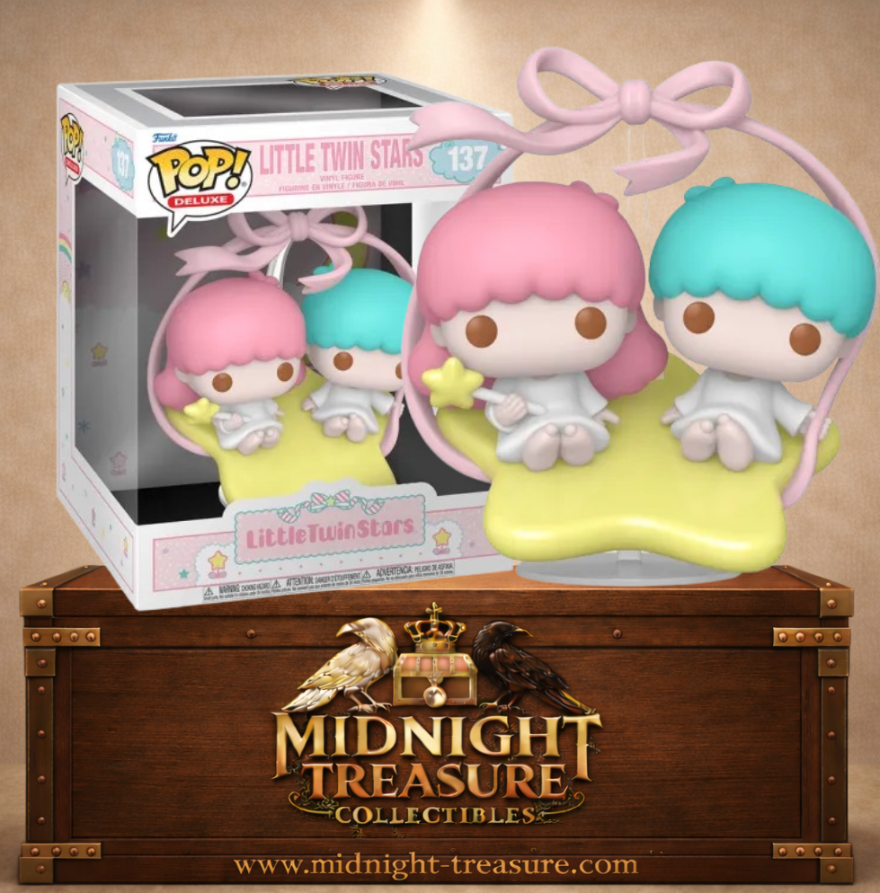 Funko Pop! Deluxe N°137 – Little Twin Stars – Sanrio. Figurine Kiki et Lala assis sur une étoile dans une scène kawaii féerique.