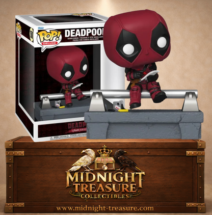 Funko Pop! Deluxe N°1580 – Deadpool assis sur le pont autoroutier en train de dessiner, inspiré de la scène d'ouverture du film Deadpool (2016).