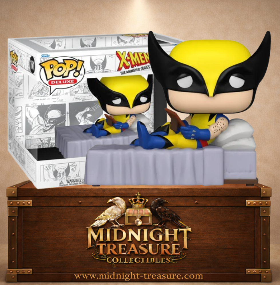 Funko Pop! Deluxe N°1601 Wolverine du mème X-Men, allongé sur son lit en costume jaune et bleu avec une photographie entre les mains.