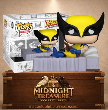 Funko Pop! Deluxe N°1601 Wolverine du mème X-Men, allongé sur son lit en costume jaune et bleu avec une photographie entre les mains.