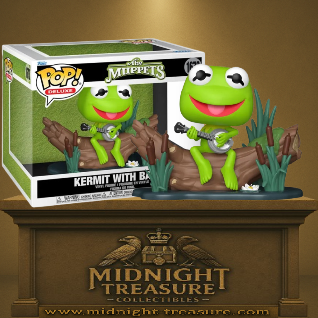 Funko Pop! Deluxe The Muppets – Kermit with Banjo (N°1673). Kermit la grenouille assis sur un tronc, jouant du banjo, dans un décor de marais emblématique.