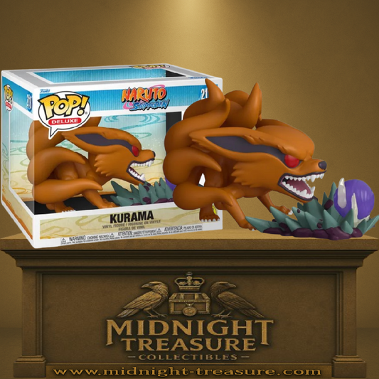 Funko Pop! Deluxe Naruto Shippuden – Kurama (N°2118) Glow in the Dark. Démon-renard à neuf queues en posture agressive avec sphère d’énergie lumineuse, figurine massive et détaillée.
