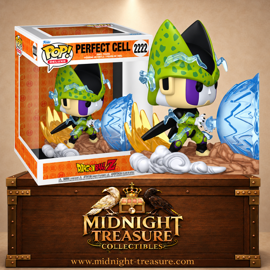 Funko Pop! Deluxe N°2222 Cell Parfait de Dragon Ball Z préparant un Kamehameha au milieu d’effets d’énergie et d’un terrain dévasté.