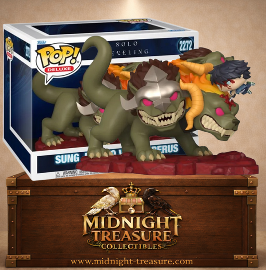 Funko Pop! Deluxe N°2272 – Sung Jinwoo vs Cerberus – Solo Leveling. Scène de combat avec monstre à trois têtes.